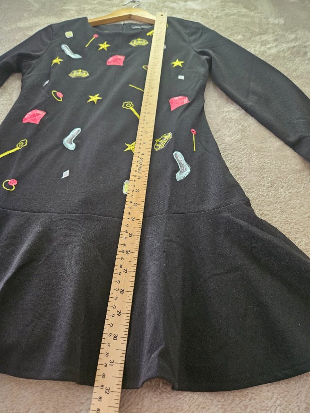 Zara Black Dress Flared Drop-Waist All Over Print Embroidered Stars Shoes Crowns - Picture 7 of 8